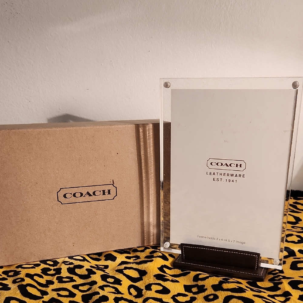Coach Clear Acrylic Photo Frame with Brown Leather Base